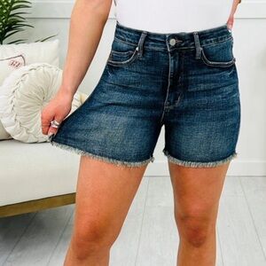 Judy Blue Dark Wash Frayed Hem Shorts